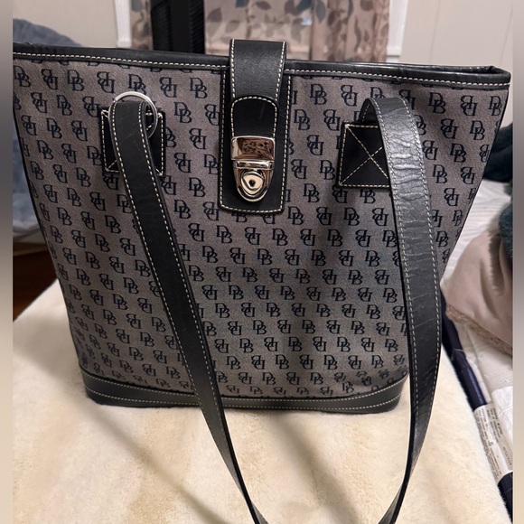 Dooney and Bourke Black and Gray Monogram Tote Bag with Buckle Closure - Picture 3 of 9